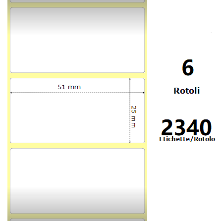 White 51x25mm, 2340 Et/Rotolo Z-2000D 2x1x1 Core, 6 Rolls