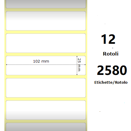 [ZE800264-105] White 102x25mm, 2580 Et/Rotolo Z-2000D 4x1x1 Core, 12 Rolls