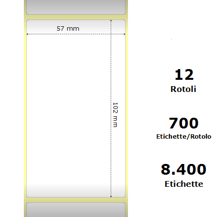 White 57x102mm,700 Et/Rotolo Z-2000D, 2.2x4x1Core,circonferenza 111mm 12 Rolls