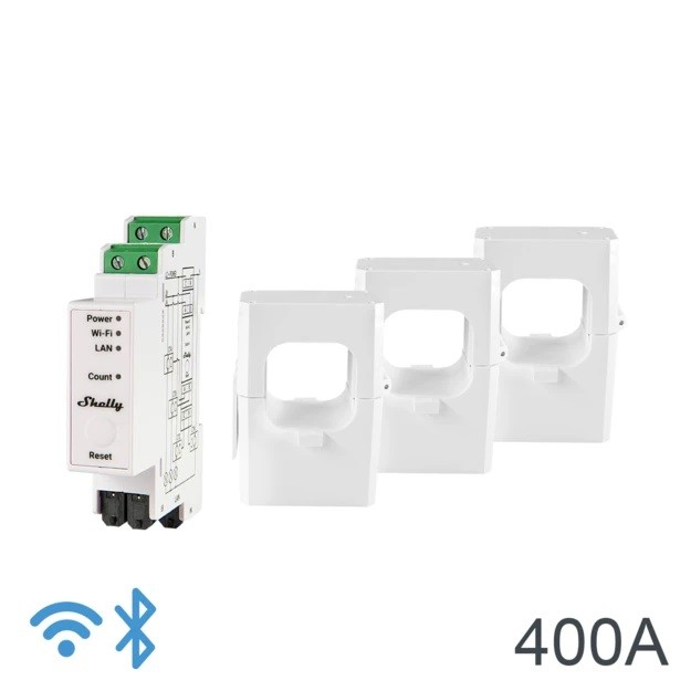 [SH-PRO3EM400] Shelly Pro 3EM 400A - Contatore Energia DIN + 3 pinze 400A