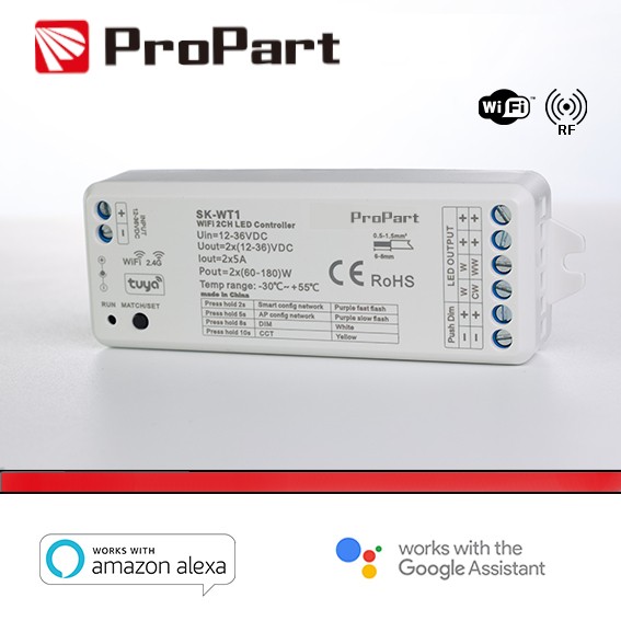 [SK-WT1] Ricevitore DIM +pulsante 12/36V DC,2CH*5A, Wi-Fi+RF 2.4G CCT