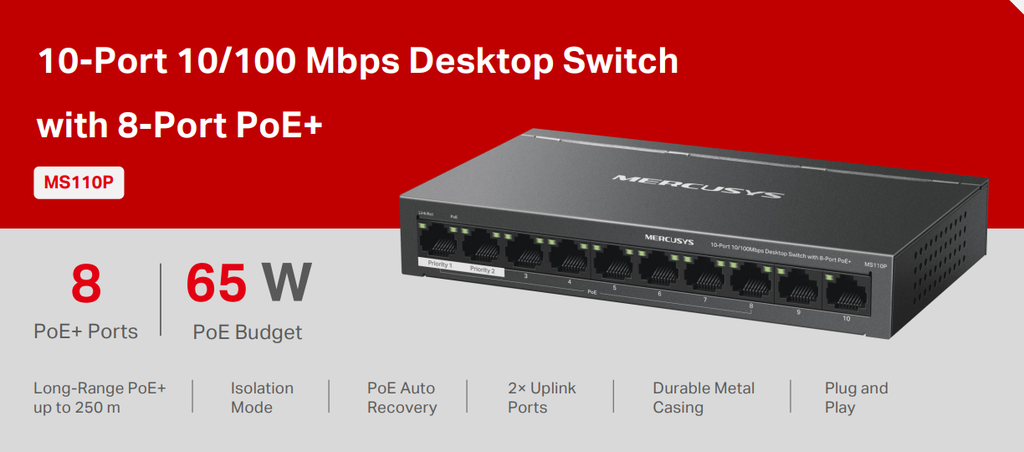 Switch Desktop 10 porte 10/100 PoE+  - Mercusys MS110P