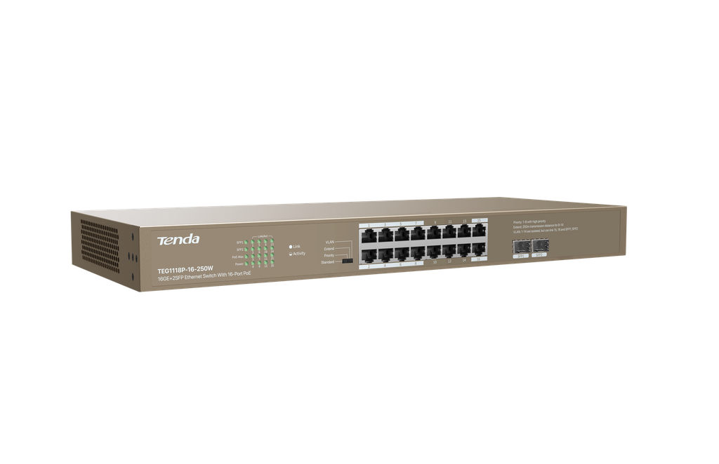 [NT-TEG1118P-250] Tenda Switch Gigabit PoE - 18 porte (16 GE PoE + 2 GE) | TEG1118P-16-250W