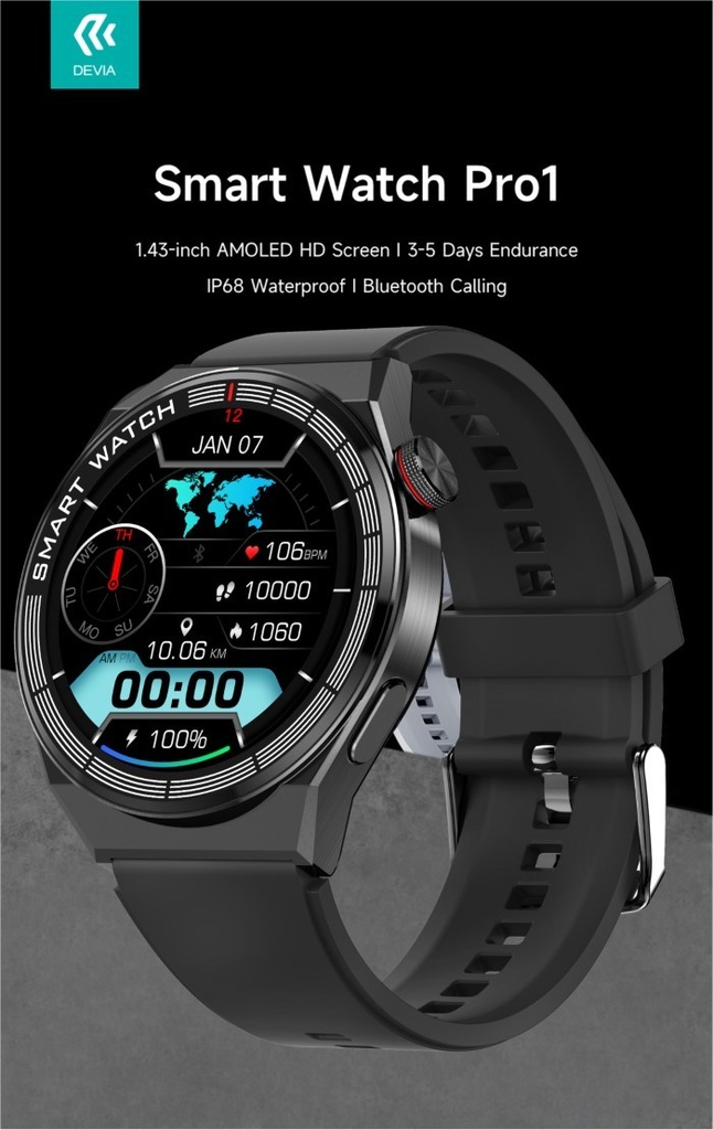 [DEEM705025B] DEVIA Smart Watch Pro1 EM705 IP68 Display Amoled HD Nero