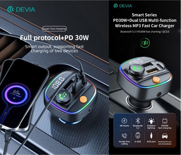 [DETXFBV513] Vivavoce e Carica 30W per auto FM Bluetooth 5.3 con lettore Mp3 e Pendrive