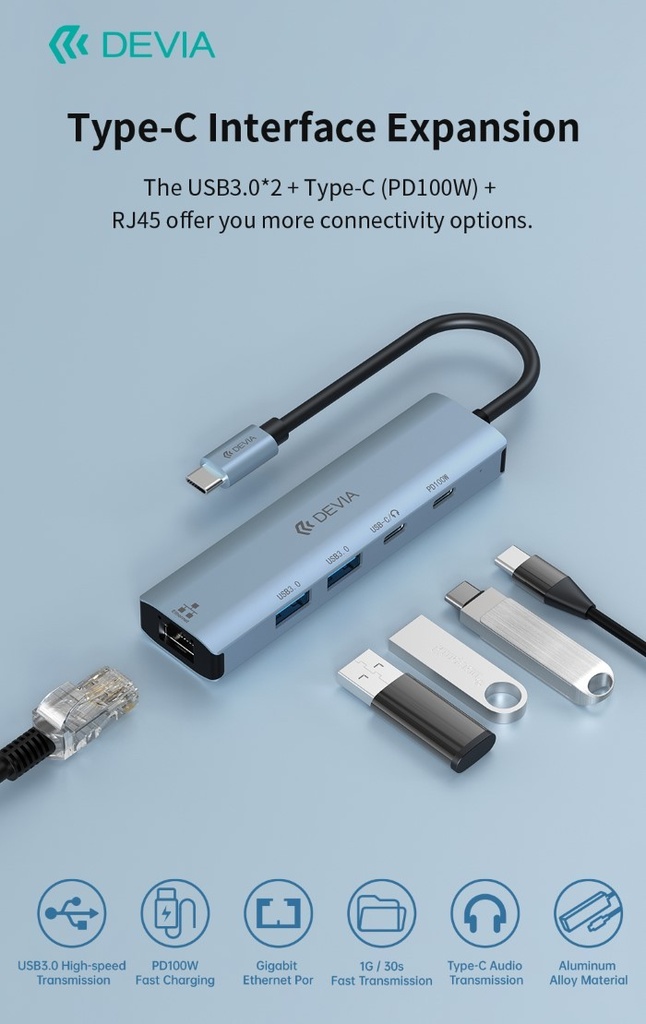 [DEHB51PD943] HUB 5 in 1 da tipo C a USB*2+tipo C+PD 100 W+RJ45 serie Leopard