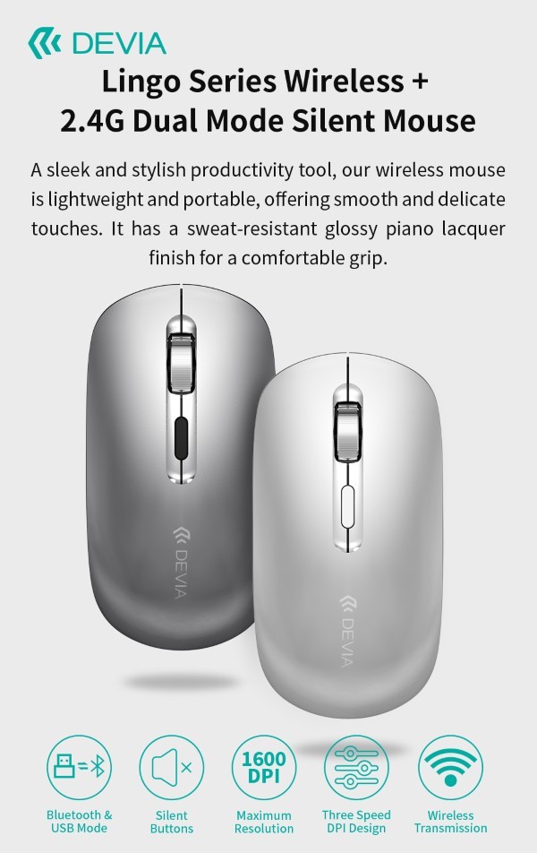 Mouse wireless con DPI regolabile 2.4G + Bluetooth Dual mode Grigio