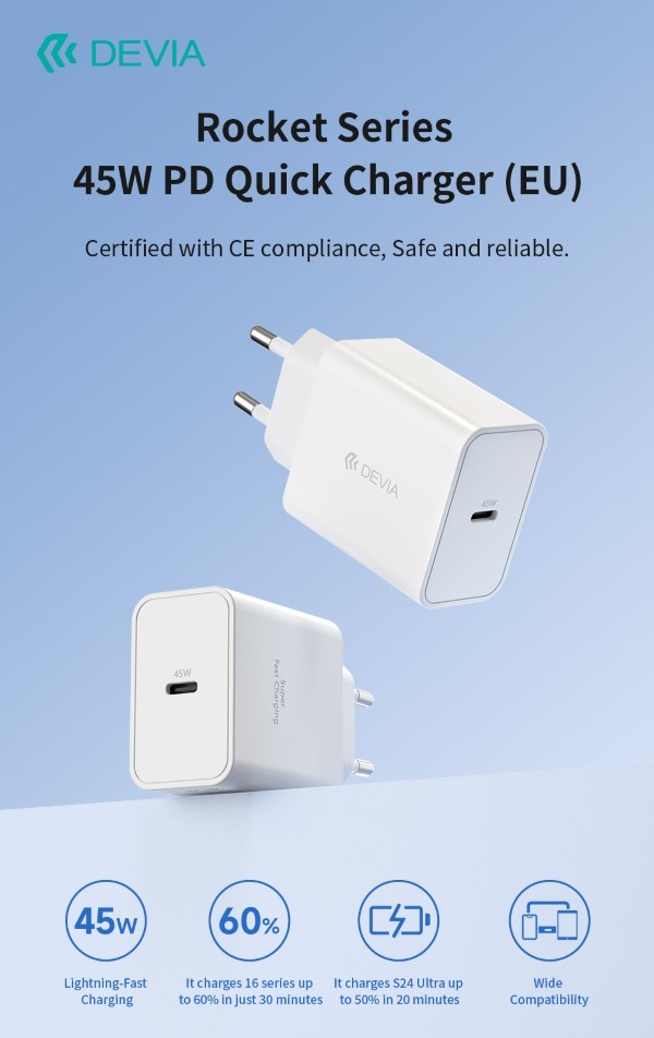 [DECHG45W889] Carica Batterie PD 45 Watt Tipo-C per carica rapida bianco