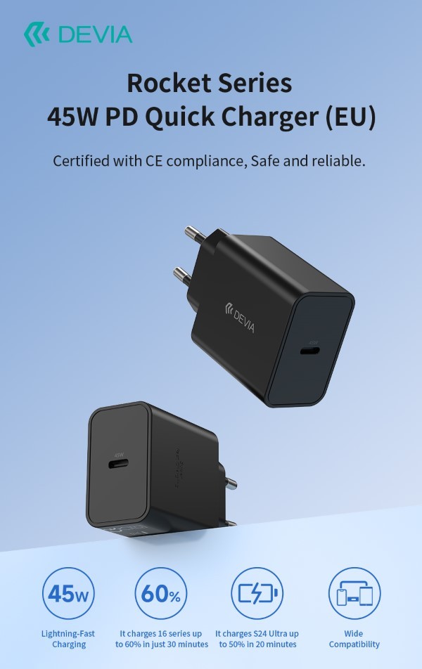 [DECHG45W872] Carica Batterie PD 45 Watt Tipo-C per carica rapida nero