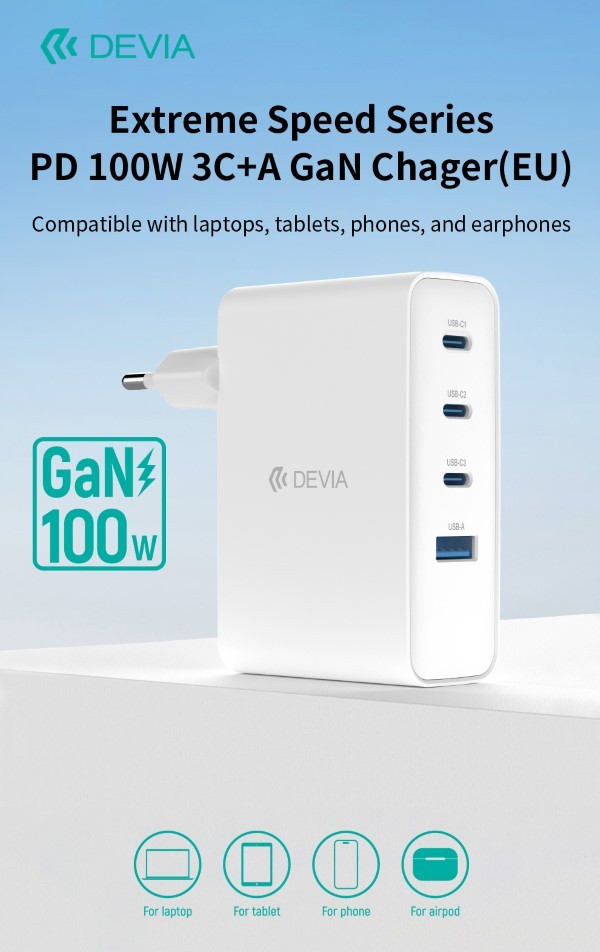 [DEPD100W430] Carica batterie PD da 100 Watt GaN 3 uscite Tipo-C e una Usb A