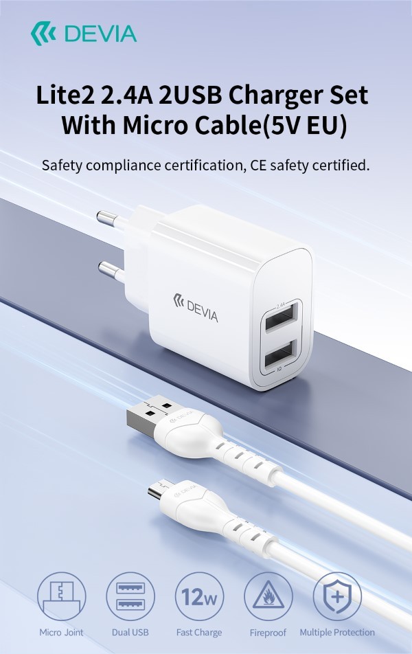 [DECHGM820W] Caricabatterie 2.4A 2 USB-A 5V 12 Watt Con Cavo M-Usb Bianco