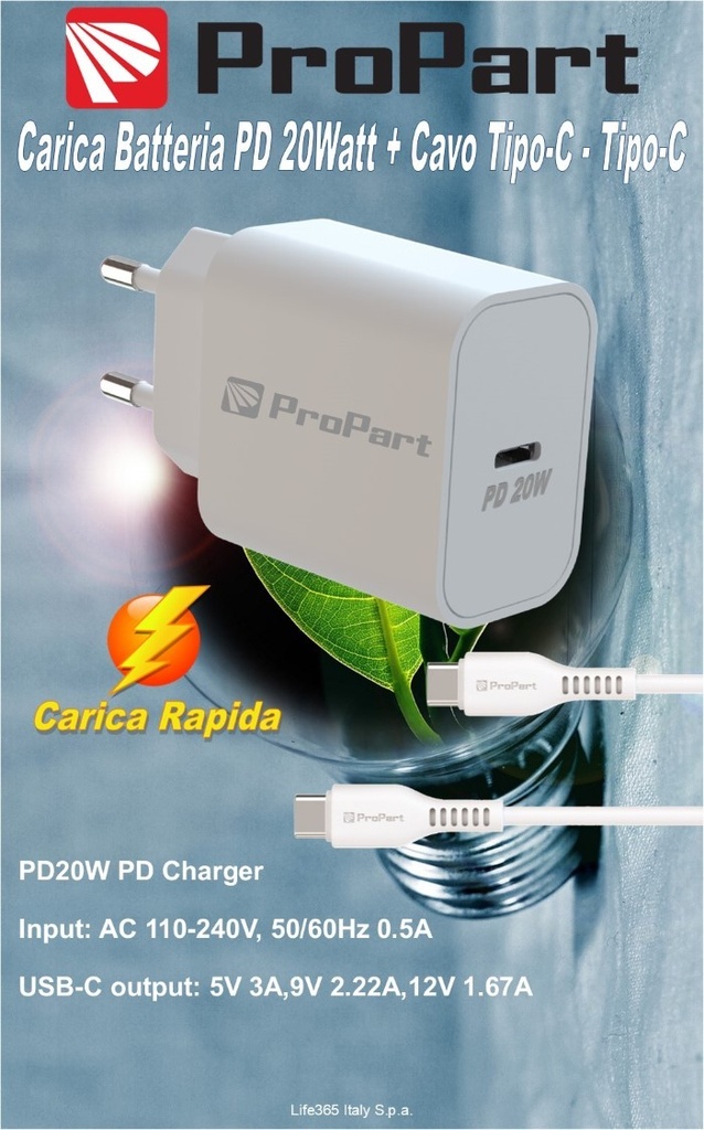 [PP693CC20W] Carica Batterie + Cavo Type-C a Type-C 1.5M Rapid 20W PD
