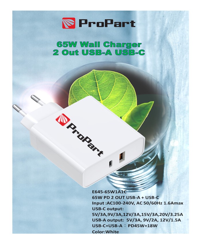 [PP64565W1A1C] Carica Batterie 65W 2 Output USB-A + USB-C