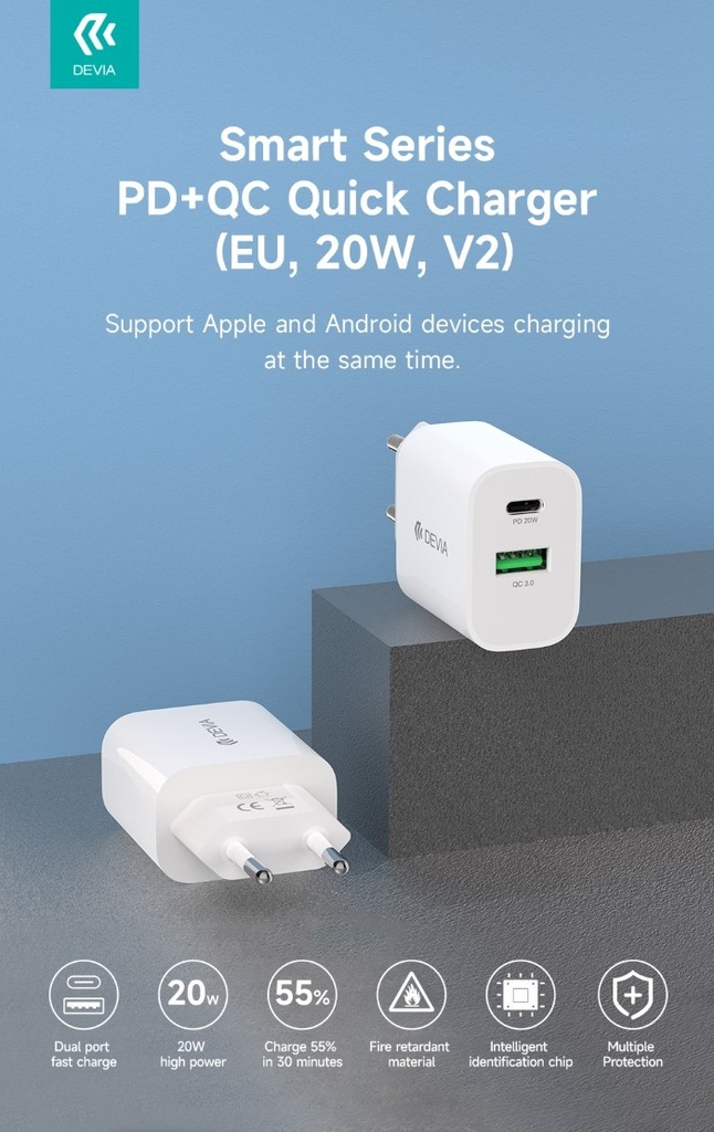 [DEPD20W247] Carica batteria 2 uscite rapido PD+QC Usb-C + Usb-A 20 Watt