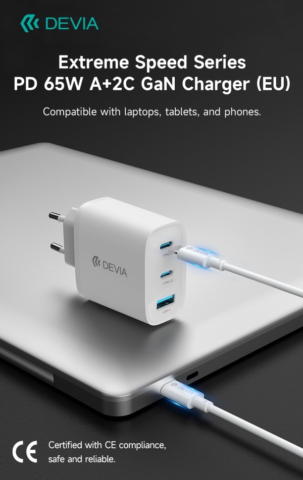 Carica batterie PD da 65 Watt GaN 2 uscite Tipo-C e una Usb A