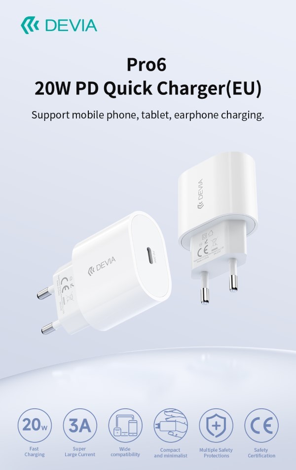 [DEPD20W193] Carica batterie Pro6 Super rapido Out Tipo-C sistema PD 20W Bianco