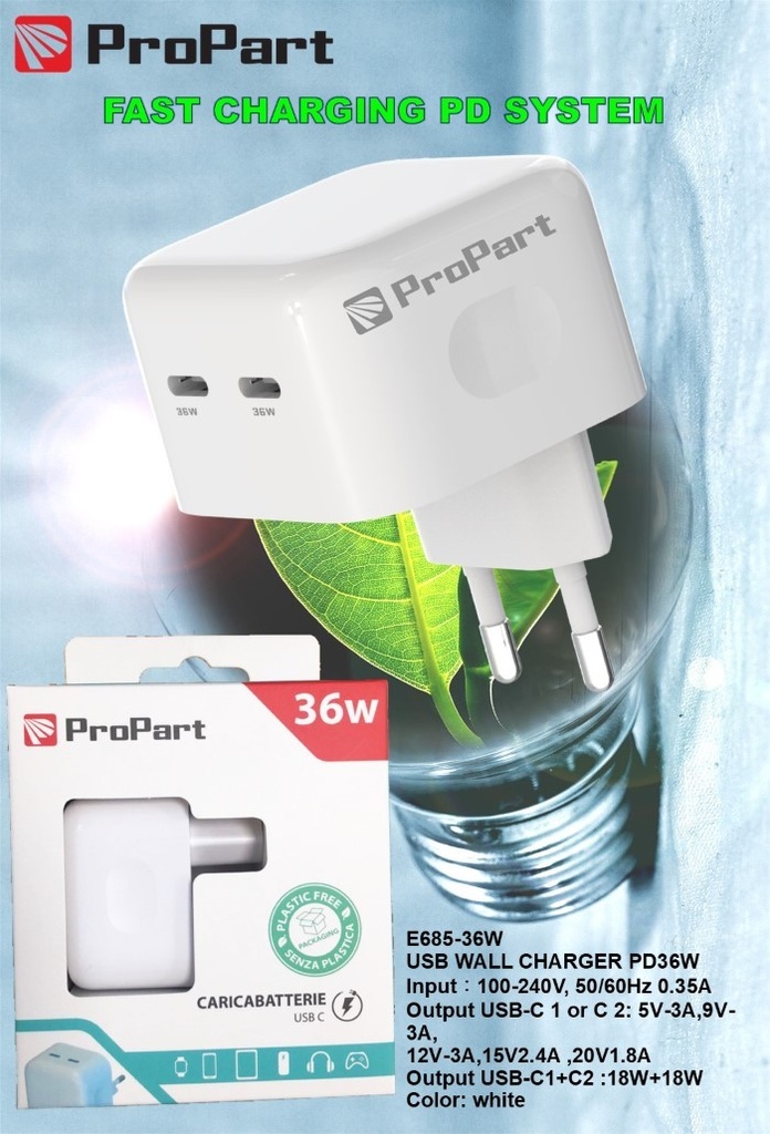 [PP685PD36W] Caricabatteria 36 Watt 2 Prese USB-C Modello E685-36W