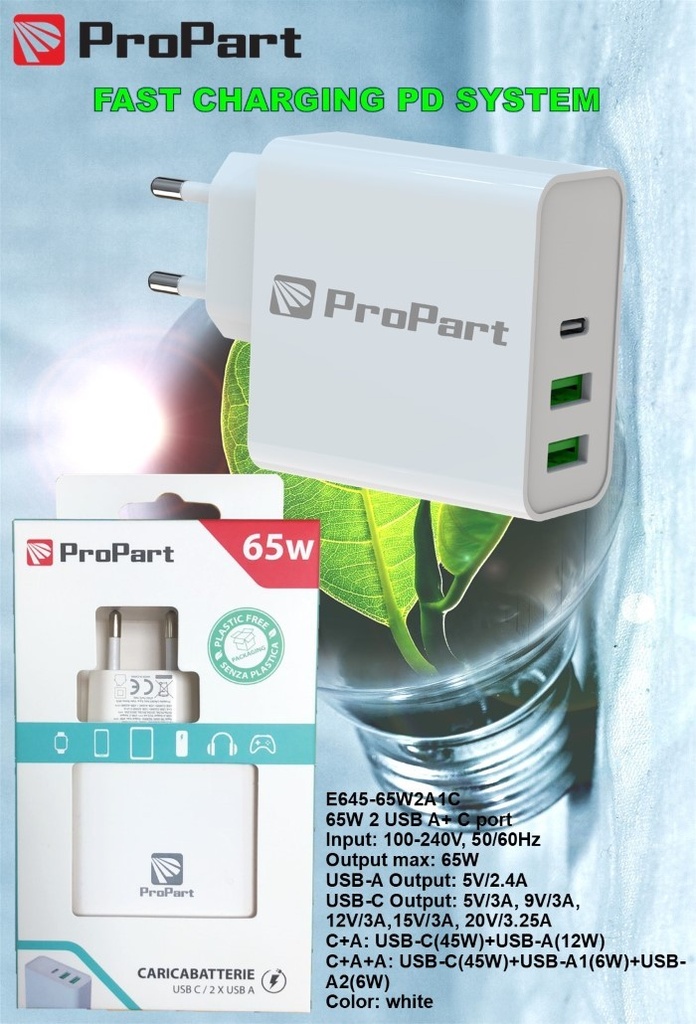 [PP645PD65W] Caricabatteria 65 Watt 3 Uscite USB 2xA 1xC Modello EK-PD-06