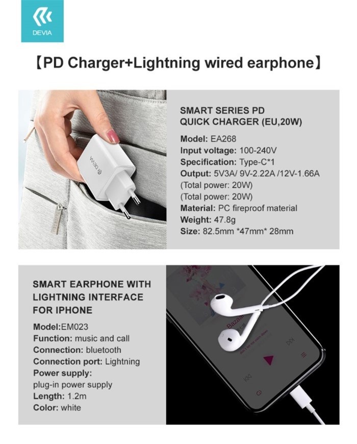 [DESETPD979W] Caricatore rapido PD 20W con Auricolari lightning Bluetooth