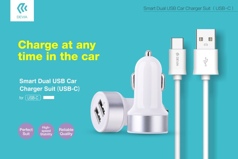 [DESCC190W] Suit Carica Auto 2 Out 3.1A e Cavo USB Tipo-C Dati e Carica