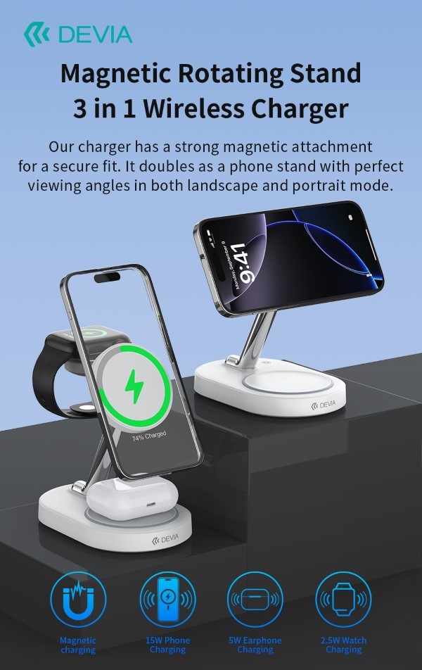 [DEY302S844W] Supporto Magnetico e carica wireless 15 Watt per smartphone apple watch e AirPods