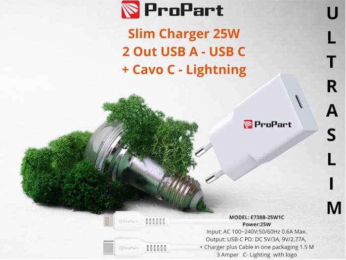 [PP738BCL25W] Slim Carica Batterie + Cavo Tipo C Lightning 25W 1 Out USB C