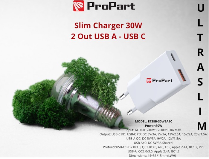 [PP738301A1C] Slim Carica Batterie 30W 2 Out USB A - USB C