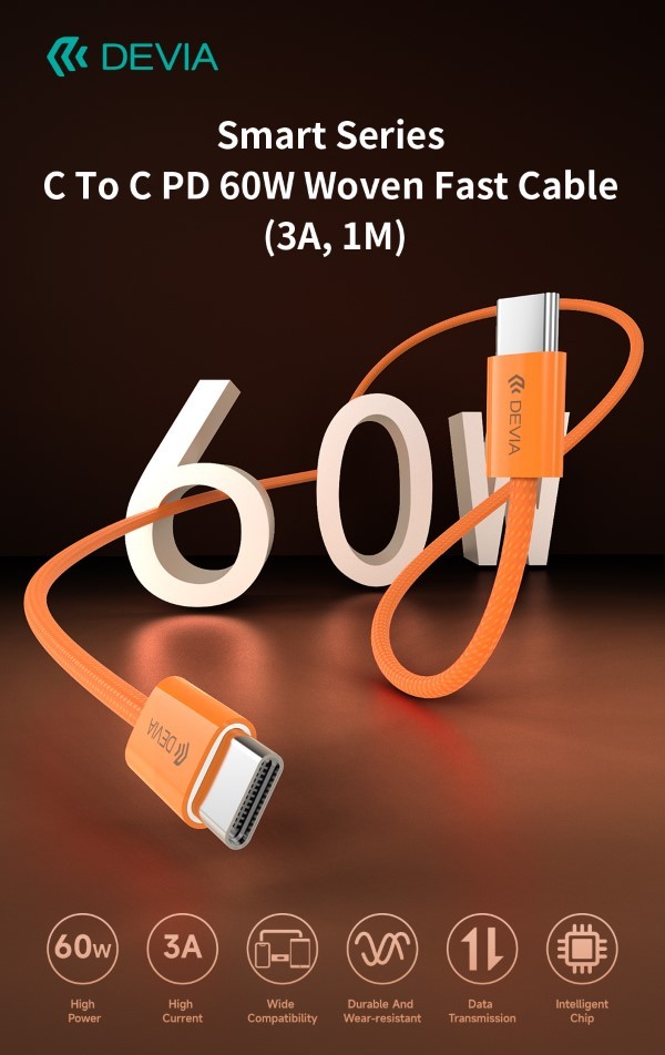 Cavo USB-C a USB-C Smart Series PD 60W Intrecciato Fast Charge (3A, 1m) Arancio-----DEEC325323O
