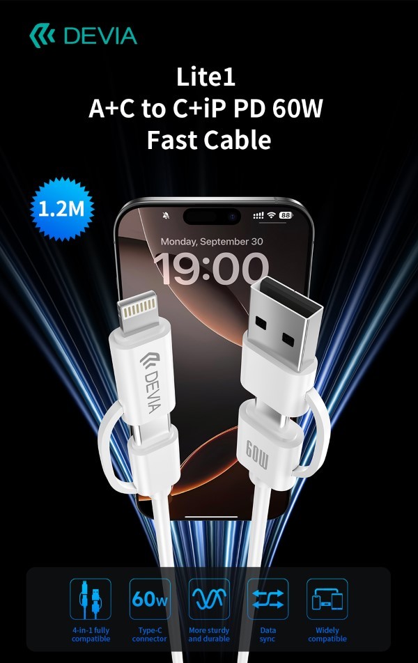 Cavo di Ricarica PD 60W USB-A + USB-C a USB-C + Lightning (1,2 m)