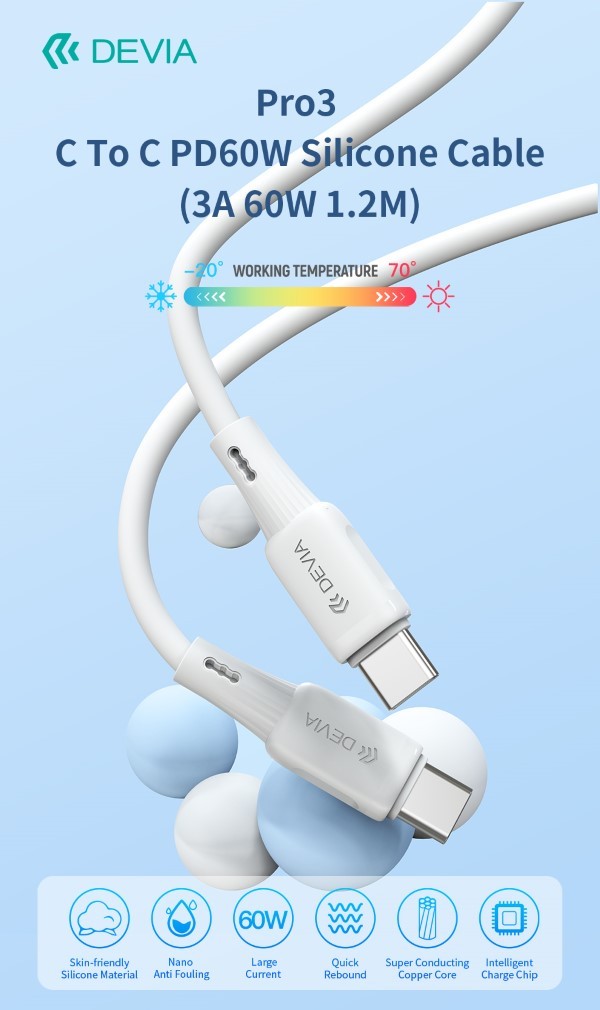 [DECACC530W] Cavo in silicone Pro3 da Tipo C a C PD60W 3A 60W 1,2M Bianco