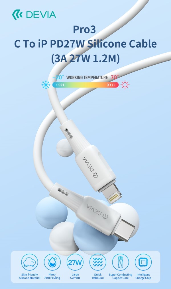 Cavo in silicone Pro3 da Tipo C a Lightning PD27W 3A 37W 1,2M Bianco