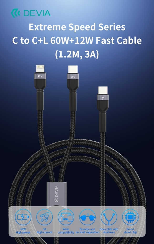 [DECL60W653] Cavo Carica rapida da C a C+L 60W+12W 1,2 Metri 3 Amper