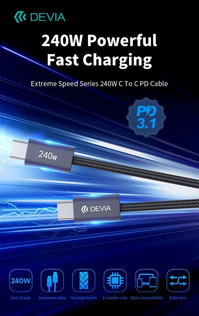 [DEEC652721] Cavo Devia da Tipo-C a Tipo-C PD 240W Super rapido 2 Metri