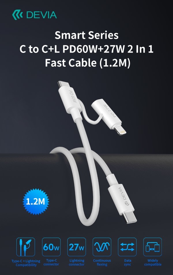 [DECCL21485] Cavo carica rapida da C a C + Lightning  PD 60W 3A 1,2 Metri Nero