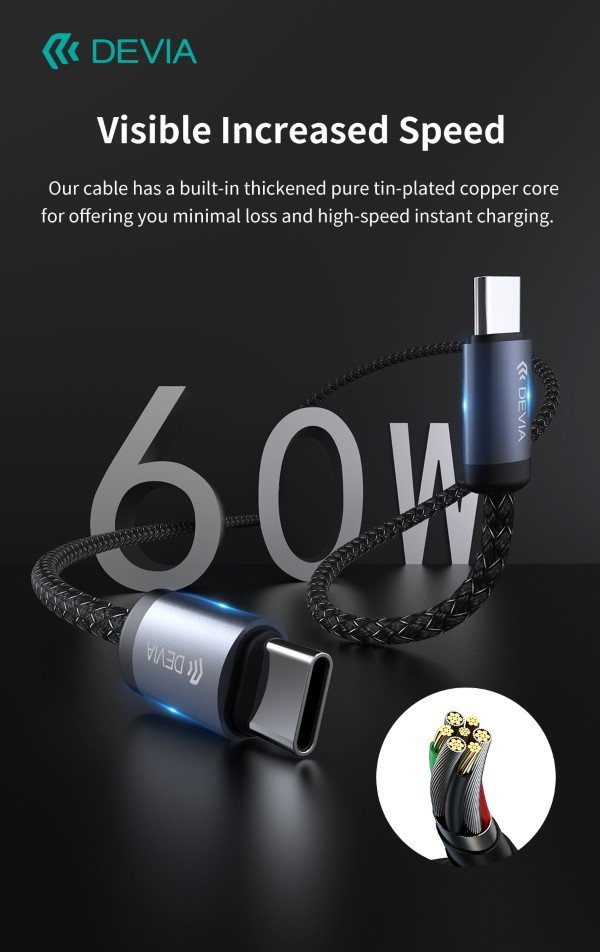 Cavo carica rapida da C a C PD 60W 3A, 3 Metri Nero
