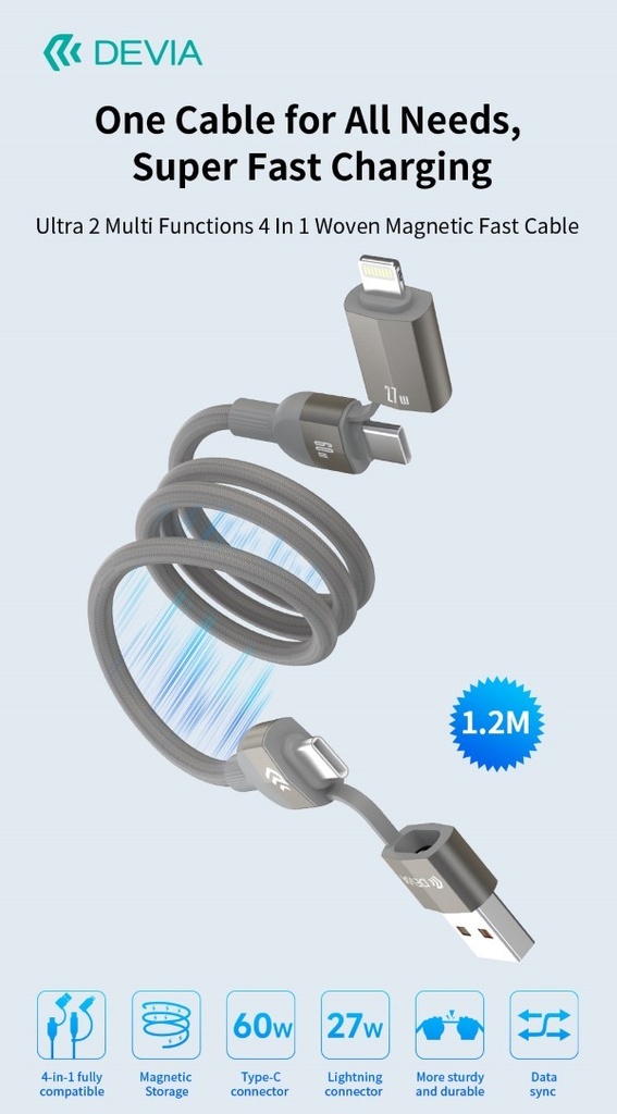 [DEEC655822T] Cavo magnetico Ultra 2 intrecciato multifunzionale 4 in 1 Usb A-C-L