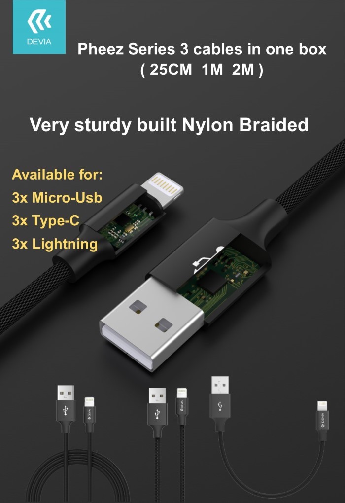 [DEPM3P121G] Pheez Set 3 Cavi 5 Volt 2,1A M-Usb 25cm - 1mt - 2mt Grigi