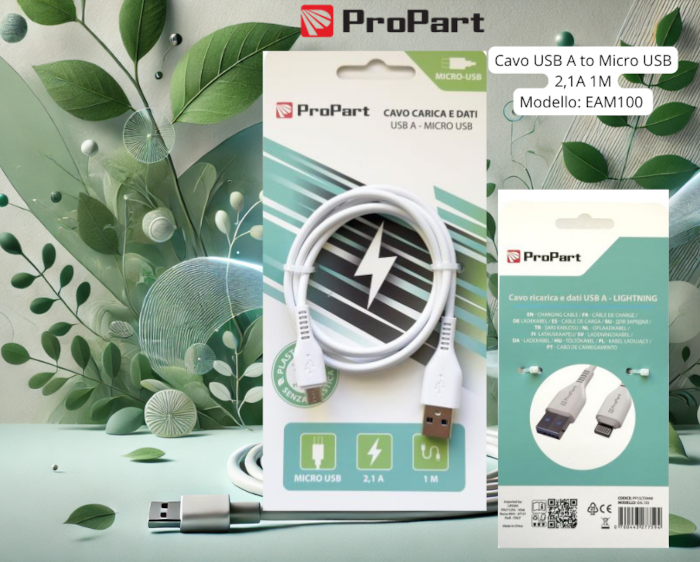 Cavo Carica e Dati Micro Usb 2.1 A. Lunghezza 1 metro Bianco