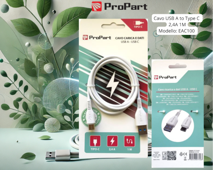 [PP1TC563W] Cavo Carica e Dati Tipo-C 2.4 A. Lunghezza 1 metro Bianco