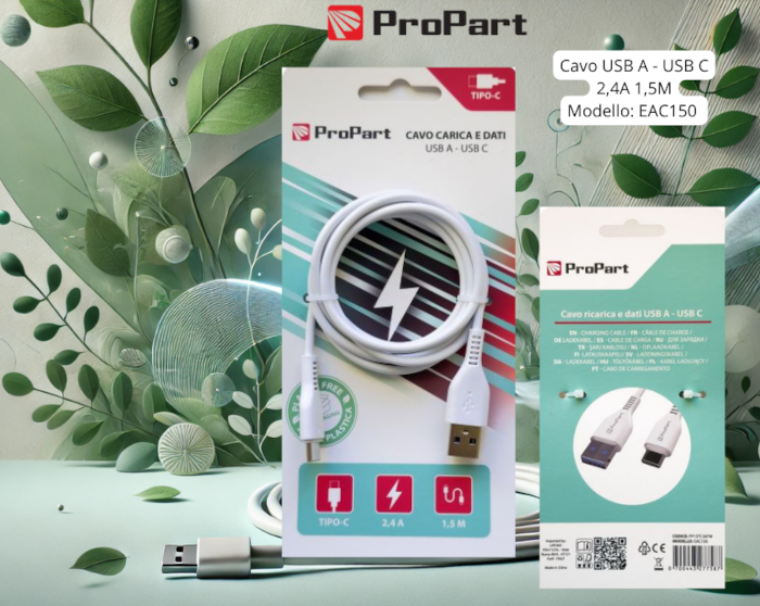 [PP15TC587W] Cavo Carica e Dati Tipo-C 2.4 A. Lunghezza 1.5 metri Bianco