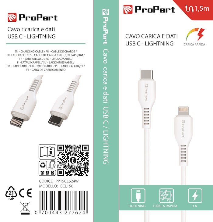 [PP15CL624W] Cavo Lightning - Tipo-C 3A 1.5mt Carica Rapida e dati Bianco