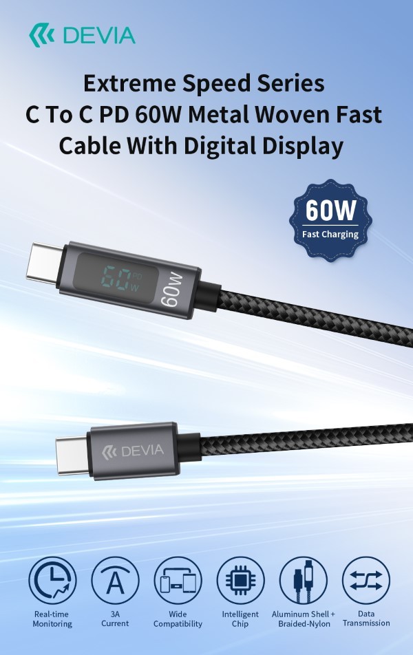 Cavo carica rapida 60W da Tipo C a C con display digitale
