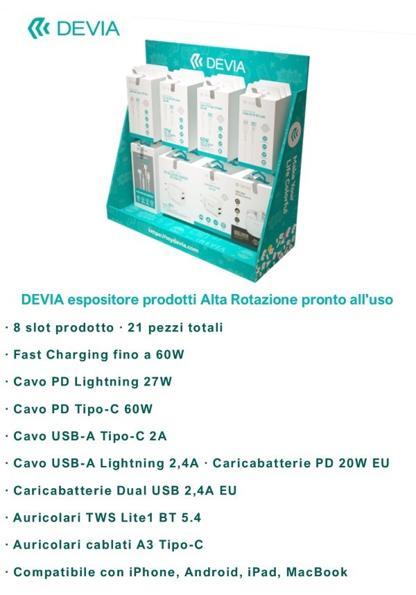[DEDISP8G632] Espositore in Cartone DEVIA con 8 slot 21 articoli, pronto per il punto vendita Include una selezione completa di cavi, caricabatterie rapidi e auricolari