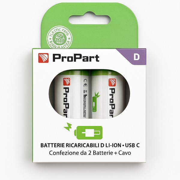 Batterie D Ricaricabili USB‑C 1.5V 7200mWh 4200mAh – Confezione da 2