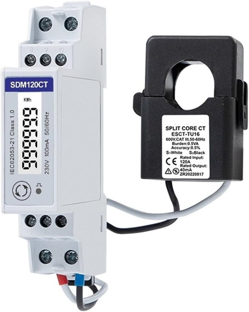 SDM120CT - contatore di energia SDM120CT-100mA+TA16 100A/100mA, monofase RS485 Modbus Comunicazione DIN Rail Wattmetro, contatore di consumo Elettrico Solare fotovoltaico