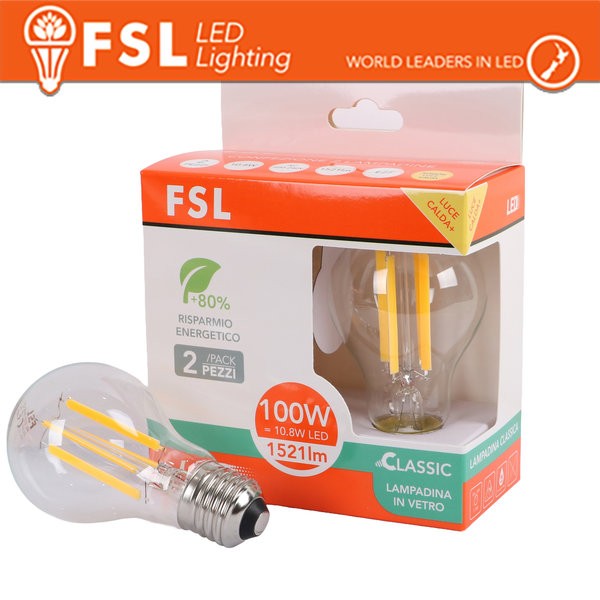 [FL2A60F11W30K27] Lampada Filamento  A60  10.8W 3000K E27 - Confezione 2PACK