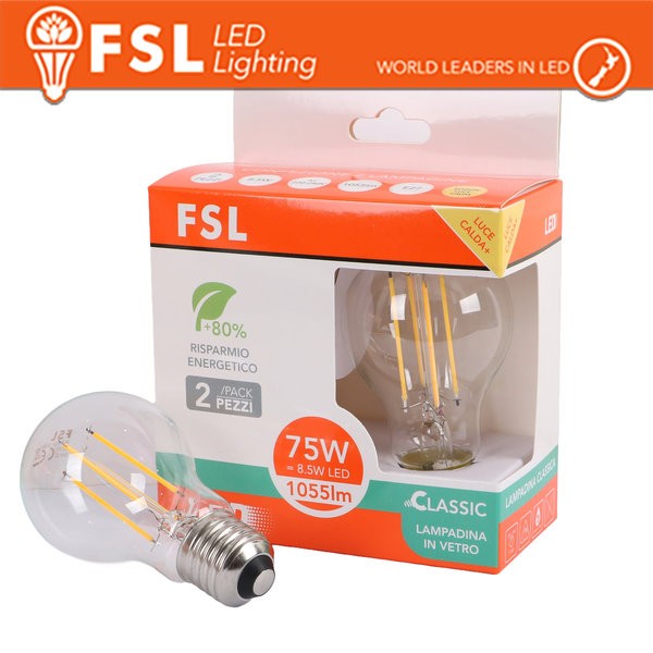 [FL2A60F9W30K27] Lampada Filamento  A60  8.5W 3000K E27 - Confezione 2PACK