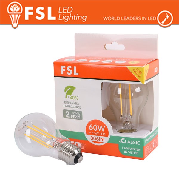 [FL2A60F7W30K27] Lampada Filamento A60   6.5W 3000K E27 - Confezione 2PACK