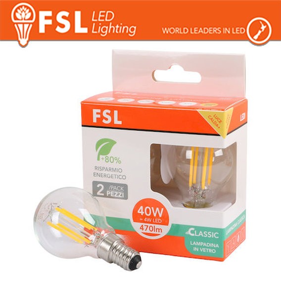 [FL2G45F4W30K14] Lampada Filamento MiniSfera G45  4W 3000K E14 - Confezione 2PACK