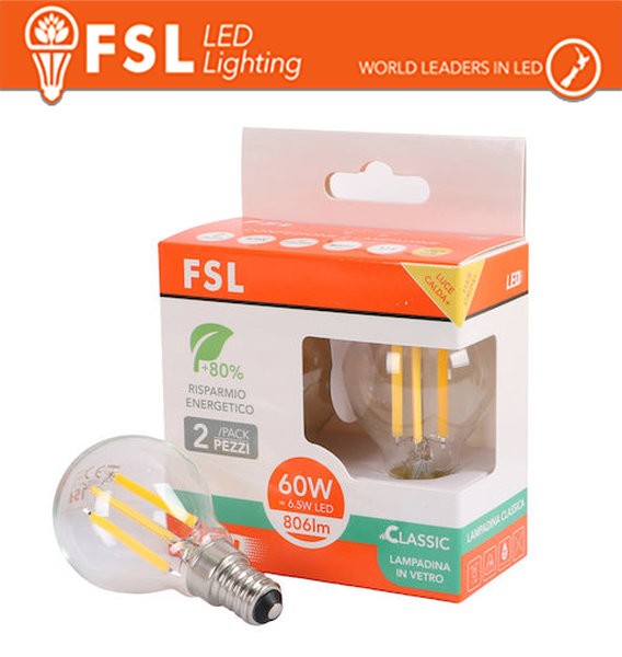 [FL2G45F7W30K14] Lampada Filamento MiniSfera G45  6.5W 3000K E14 - Confezione 2PACK